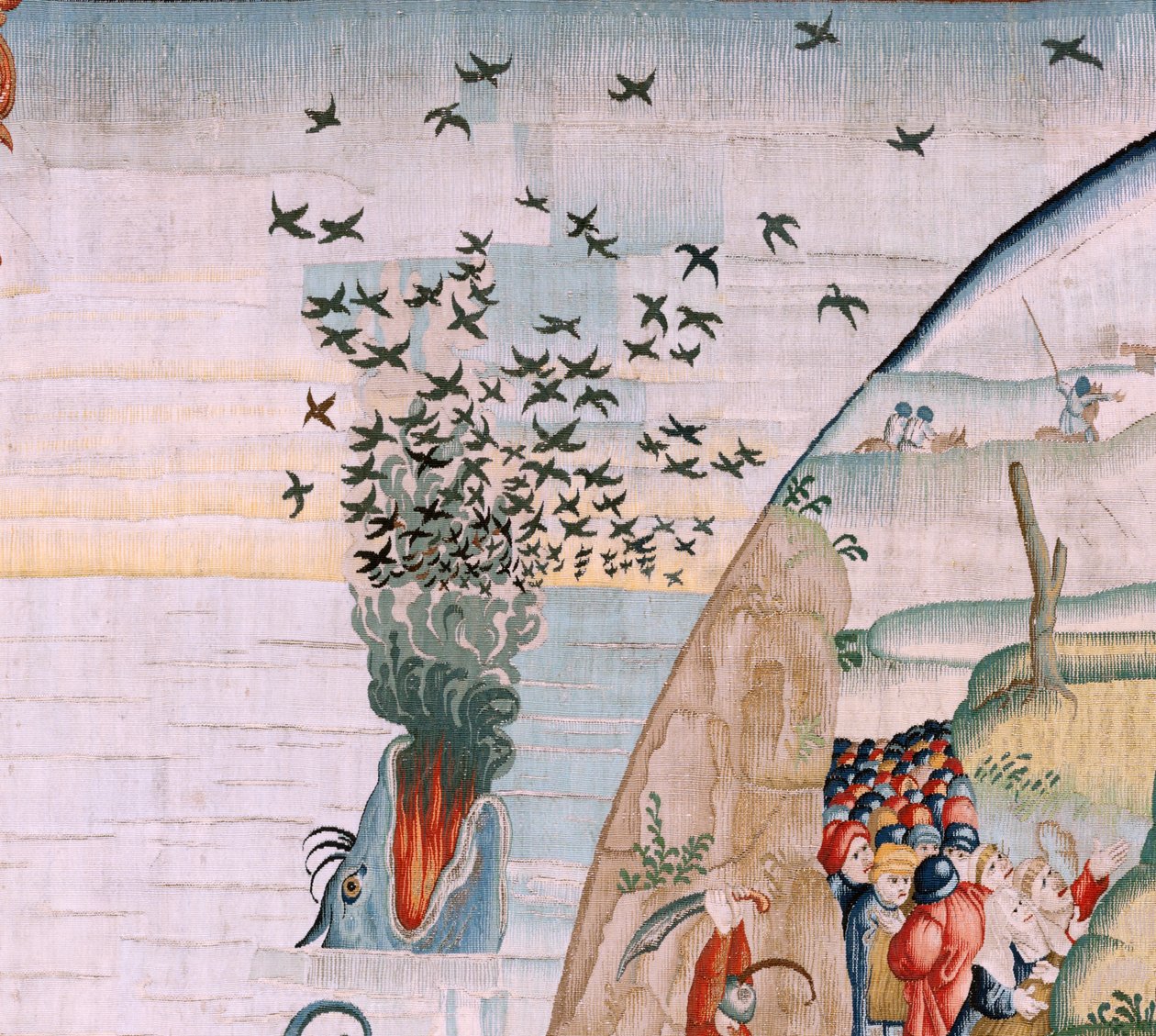 Vlámský gobelín. Série Čtyři gobelíny podle Hieronyma Bosche. Soužení lidského života (Tribulaciones de la vida humana). Třetí tapisérie v sérii. Model Inspirován dílem Hieronyma Bosche. Výroba neznámá dílna, Brusel. Před rokem 1560 od Hieronymus (after) Bosch