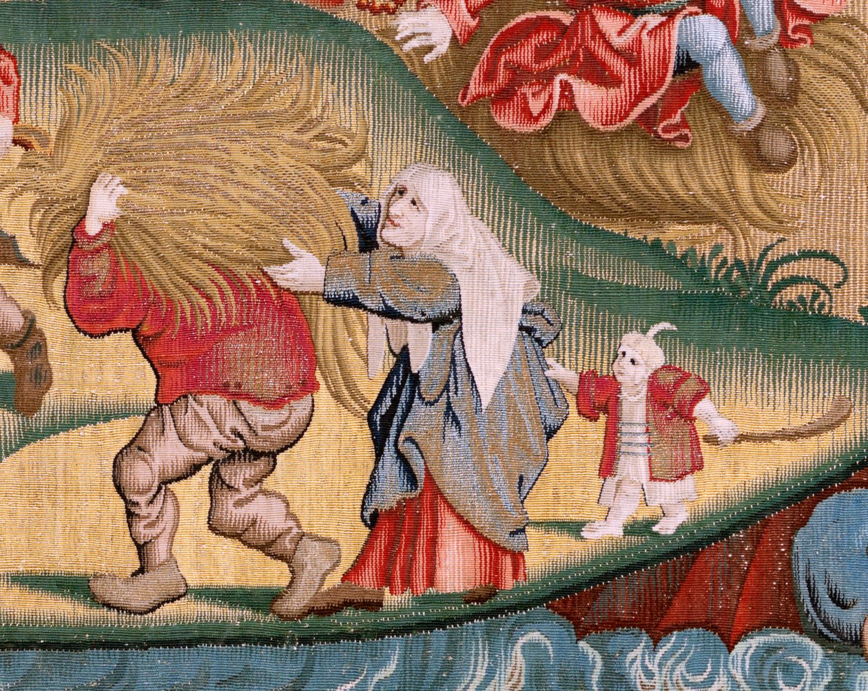 Vlámský gobelín. Série Čtyři gobelíny podle Hieronyma Bosche. Soužení lidského života (Tribulaciones de la vida humana). Třetí tapisérie v sérii. Model Inspirován dílem Hieronyma Bosche. Výroba neznámá dílna, Brusel. Před rokem 1560 od Hieronymus (after) Bosch
