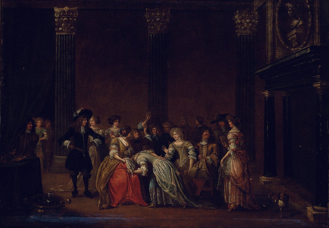 Elegantní společnost v interiéru s manželským sporem (olej na plátně) od Hieronymus (follower of) Janssens