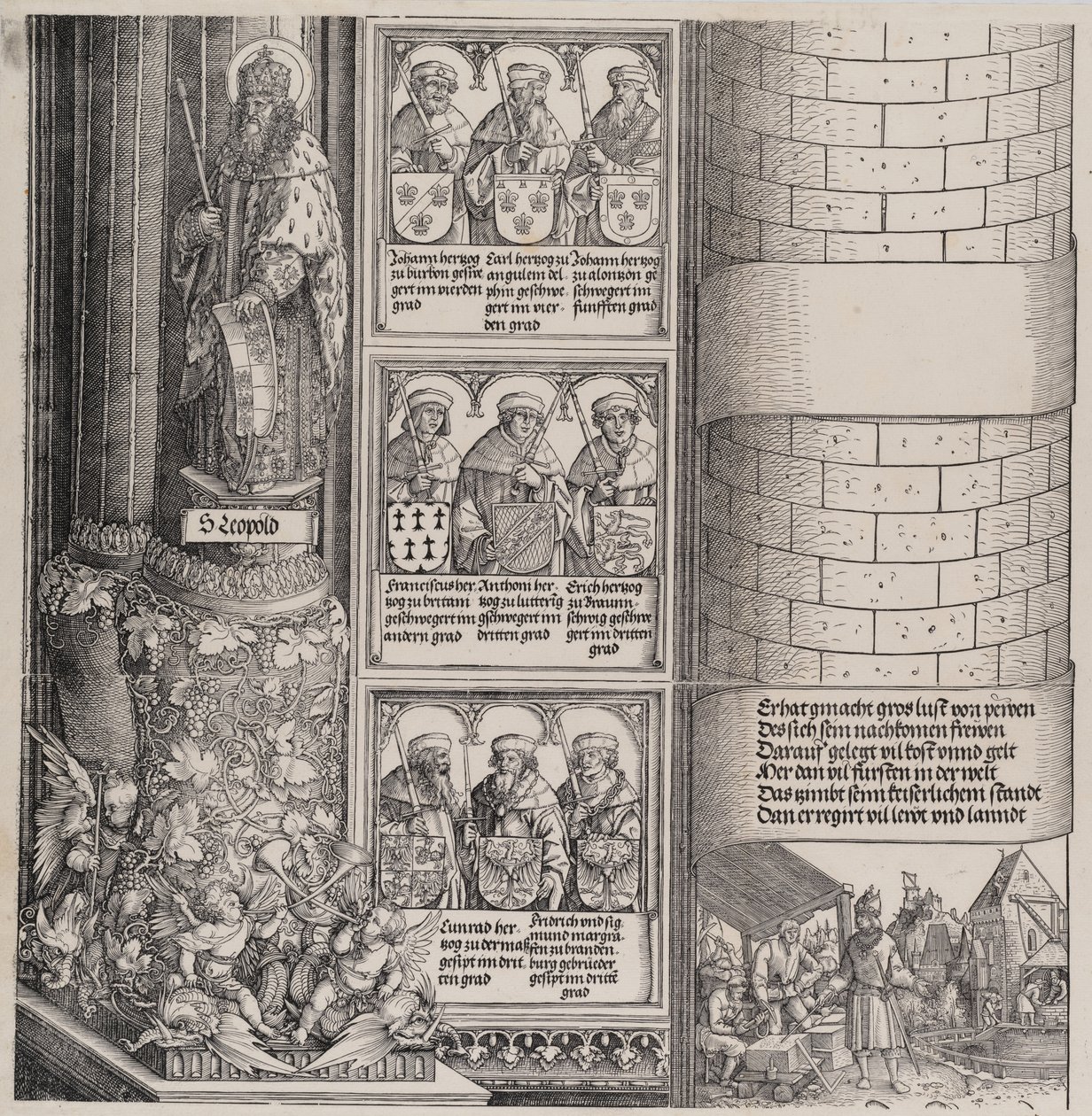 Maxmilián jako architekt, se sochou sv. Leopolda a bustami Maxmiliánova předka..., 15171518. od Hieronymus Andreae