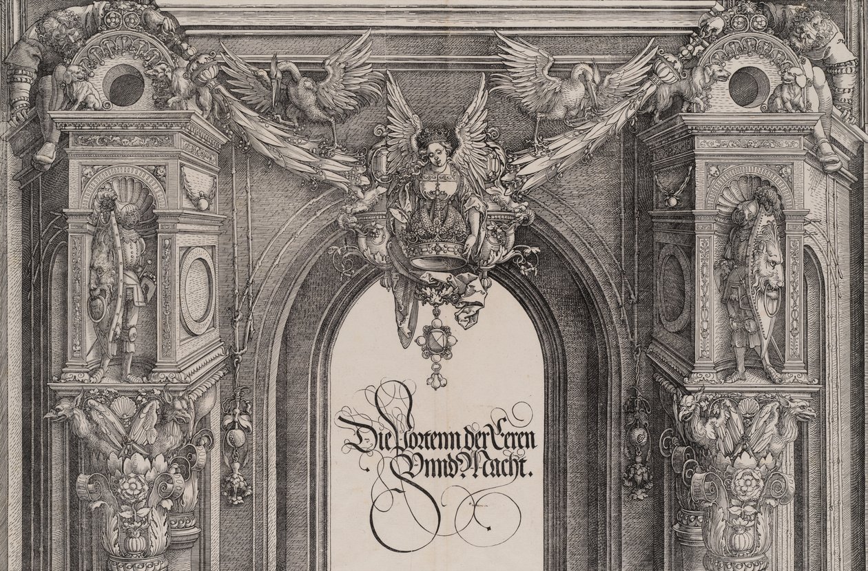 Horní část vchodu do centrálního portálu s okřídlenou postavou držící I..., 1515. od Hieronymus Andreae