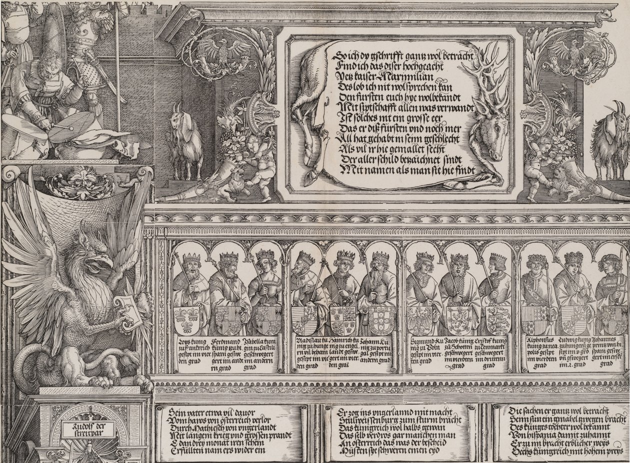Horní část pravého portálu s nápisem na jelení kůži, vlys s ..., 1515. od Hieronymus Andreae