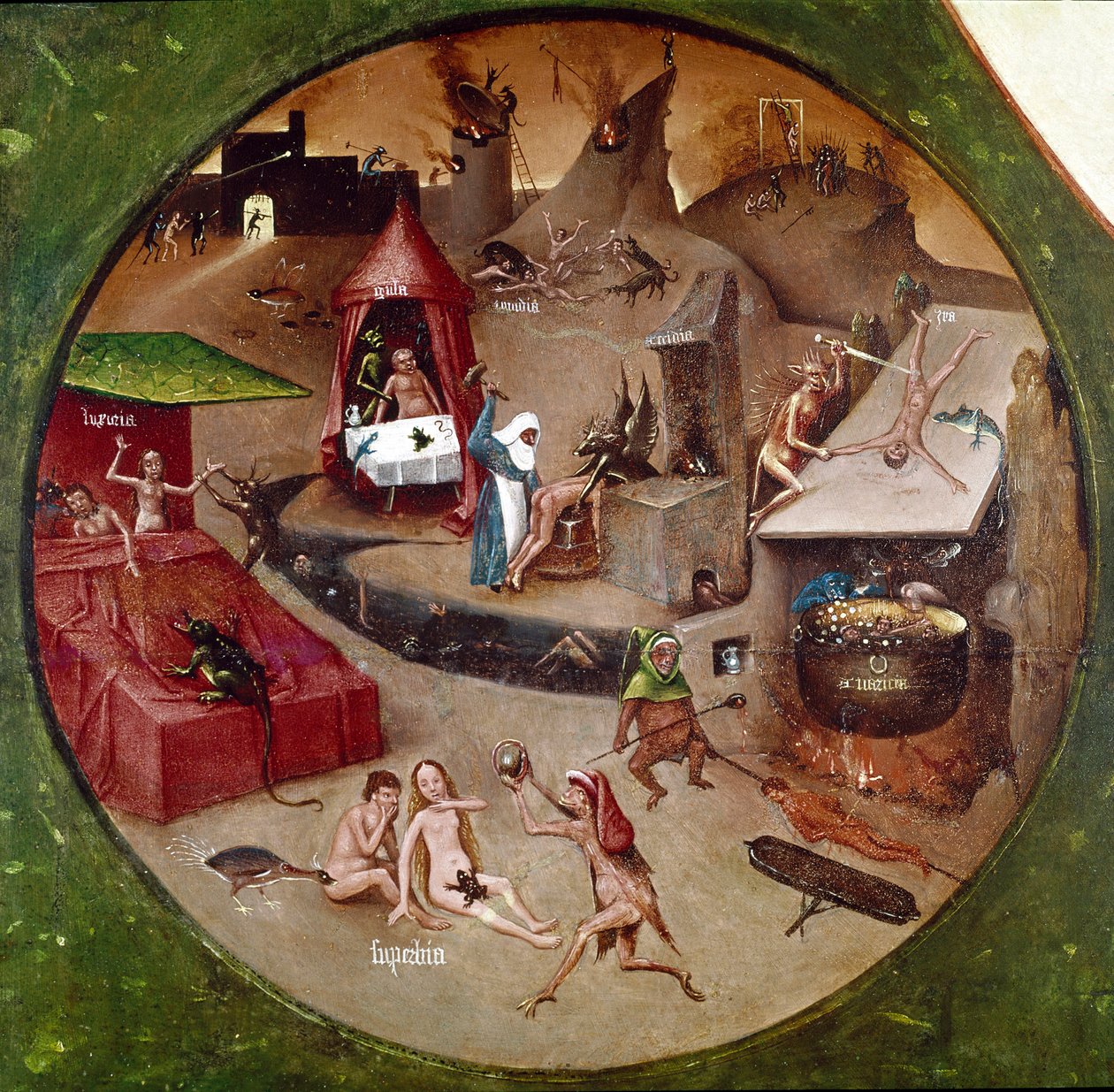 Peklo. Detail Sedmi smrtelných hříchů a Čtyři poslední věci (olej na panelu od Hieronymus Bosch