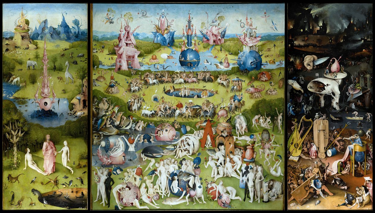 ""Zahrada pozemských rozkoší"" Levý panel: stvoření Adama a Evy. Centrální panel: milovníci vychutnávající ovoce. Pravý panel: peklo. Tryptych Hieronyma Van Aekena (Aken) známého jako Jerome Bosch (1450-1516) od Hieronymus Bosch
