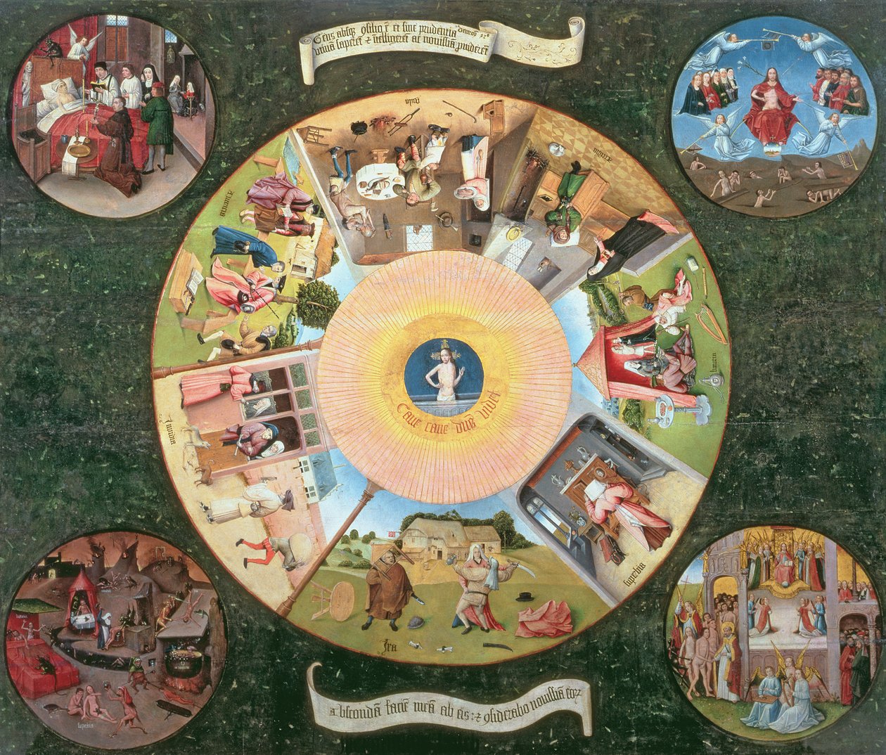 Stolní deska Sedm smrtelných hříchů a Čtyři poslední věci (olej na panelu) od Hieronymus Bosch