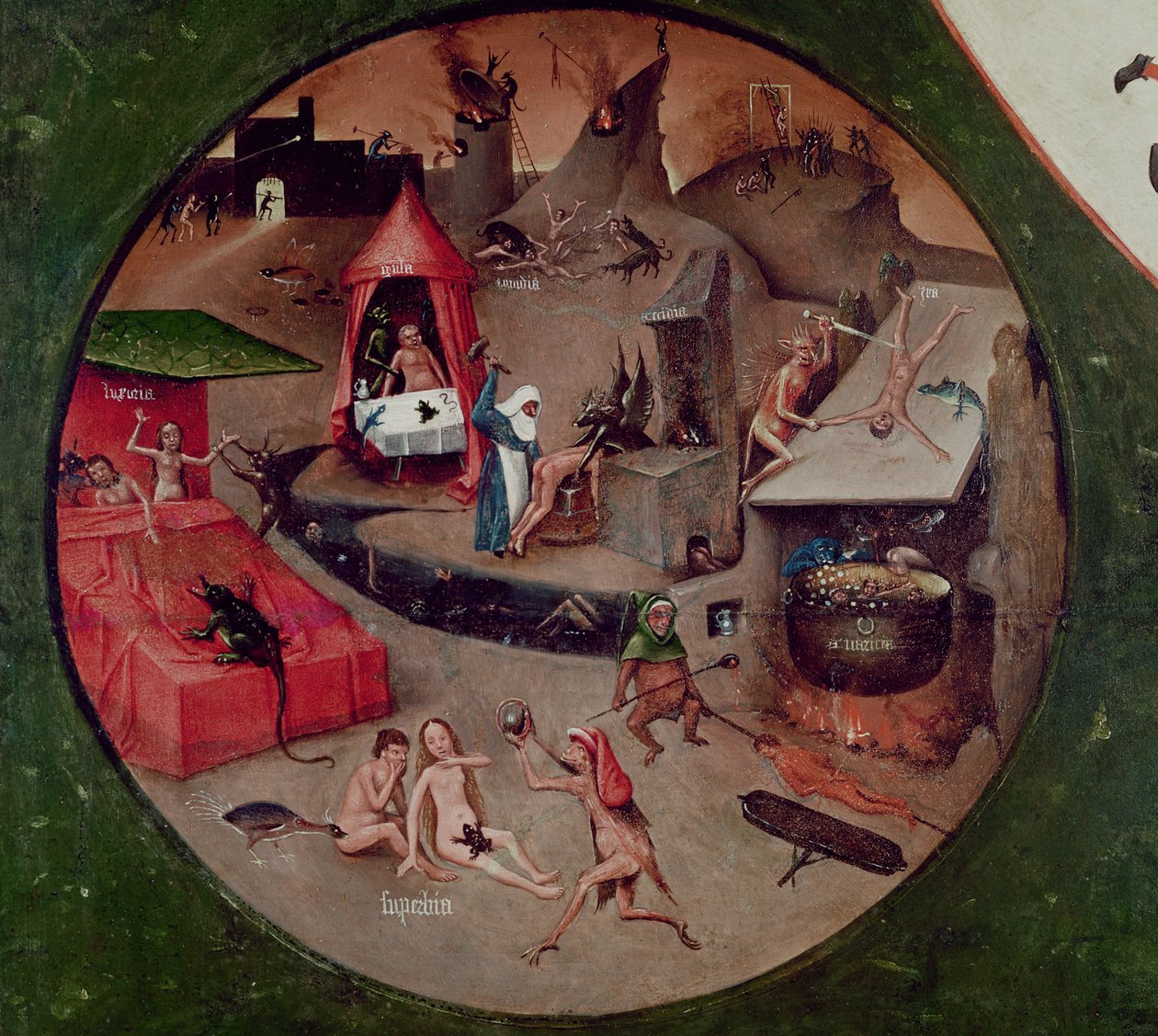 Stolní deska sedmi smrtelných hříchů a čtyř posledních věcí, detail pekla, kolem 1480 (olej na panelu) od Hieronymus Bosch