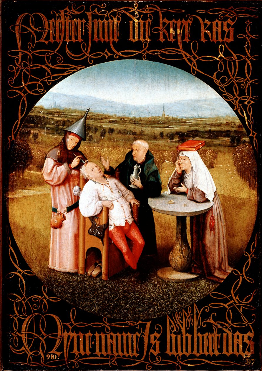 Extrakce kamene šílenství (Cutting the Stone nebo The Cure of Folly) - Malba od Hieronymus Bosch