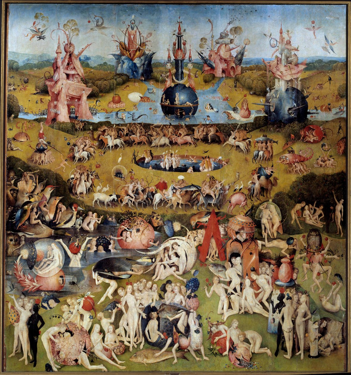 Maallisten ilojen puutarha. Keskuspaneeli: rakastajat maistelevat hedelmiä od Hieronymus Bosch