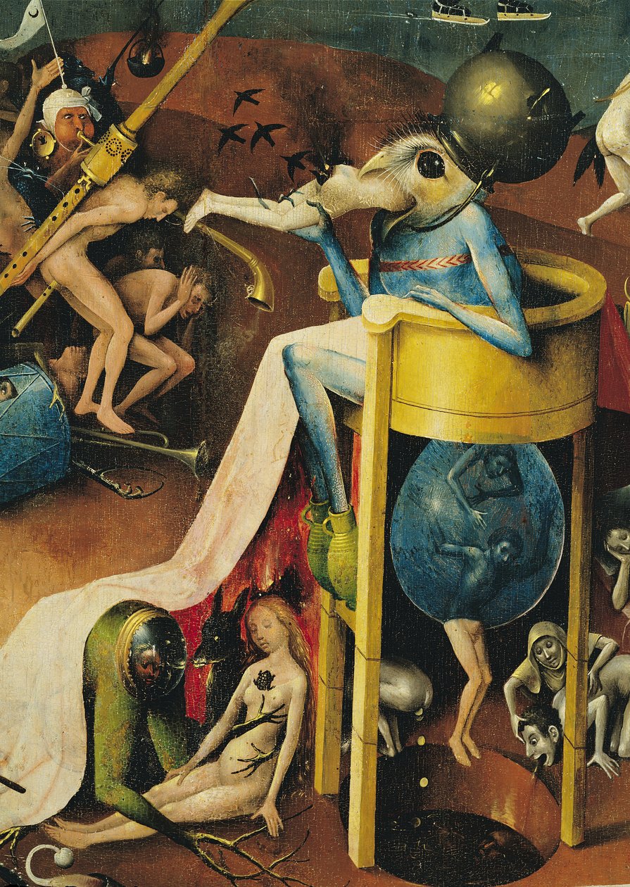 The Garden of Earthly Delights: Hell, pravé křídlo triptychu, detail modrého ptačího muže na stoličce, cca 1500 (detail 3425) od Hieronymus Bosch