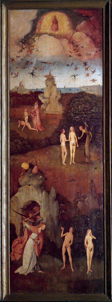 Vozík na seno Stvoření Adama a Evy. Jsou loveni z ráje po prvotním hříchu. Levý panel alegorické tryptiky na průsmyku, dar Hieronyma Van Aekena (Aken) zvaného Jerome Bosch (1450-1516), asi 1490. Madrid, Prado Museum od Hieronymus Bosch