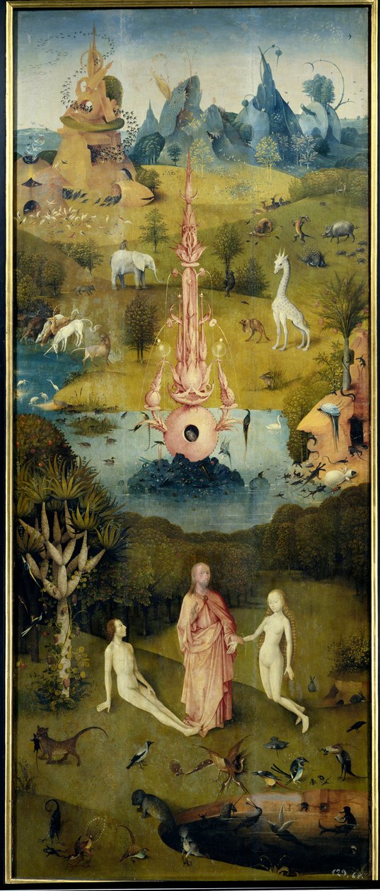 Ráj, Stvoření Adama a Evy (levý panel Zahrady pozemských rozkoší) od Hieronymus Bosch