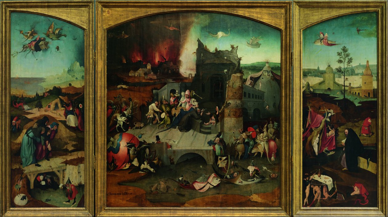 Pokušení svatého Antonína. Reprodukce ve vysokém rozlišení z projektu Google Art Project. Levý horní roh musel být převzorkován od Hieronymus Bosch