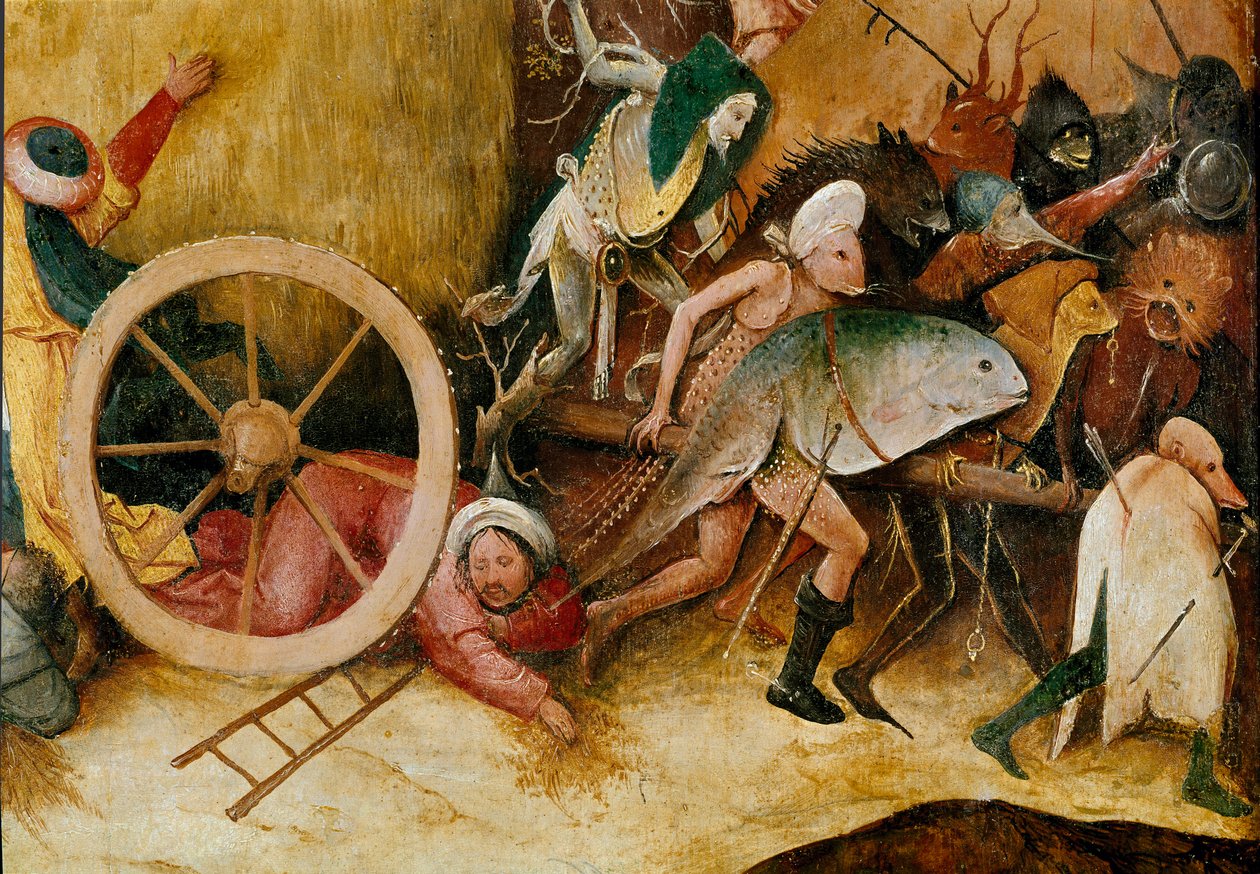 Nádrž na seno nebo triptych (vozík na seno): Detail centrálního panelu. Postavy monster, antropomorfní postavy a muž narazí pod kolo. Obraz od Hieronyma Van Aekena (Aken) dit Jerome Bosch (1450-1516) od Hieronymus Bosch
