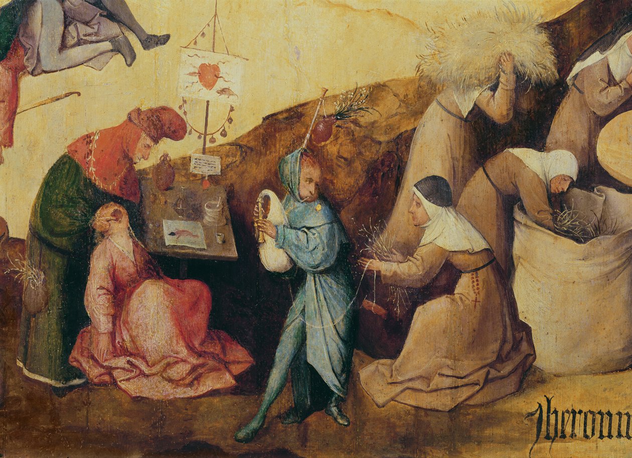 Vytahovač zubů, hráč na dudy a sběrači dřeva, detail centrálního panelu The Haywain Triptych, c.1515 (detail 3429) od Hieronymus Bosch