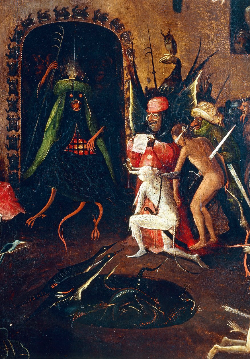 Tryptik Posledního soudu, pravý panel. Peklo s napůl lidmi, napůl zvířecími monstry. Detail (malba na dřevě, cca 1504) od Hieronymus Bosch