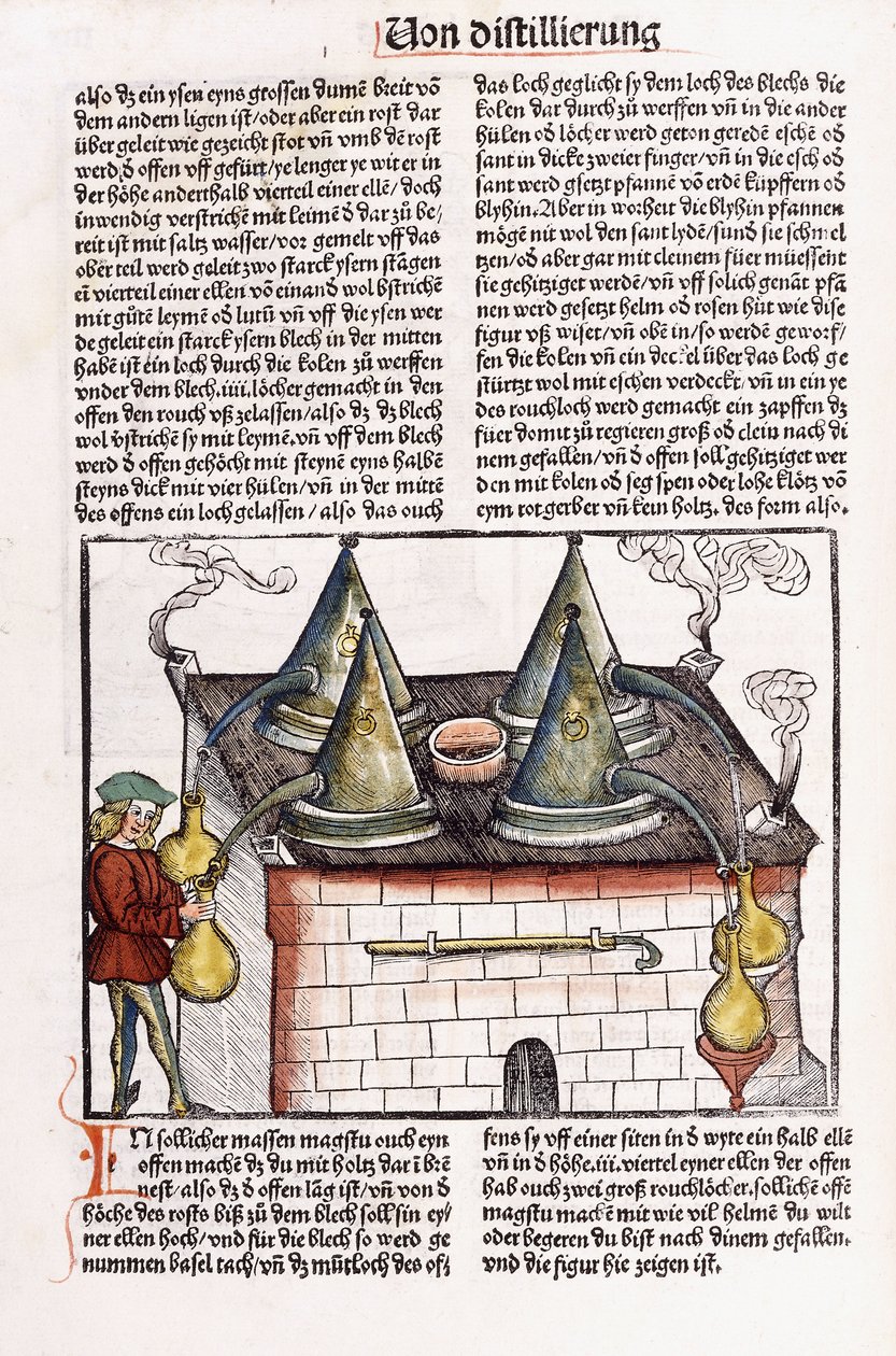 Ilustrace lihovaru z konce 15. století na extrakci esenciálních olejů rostlin, 1500 od Hieronymus Brunschwig
