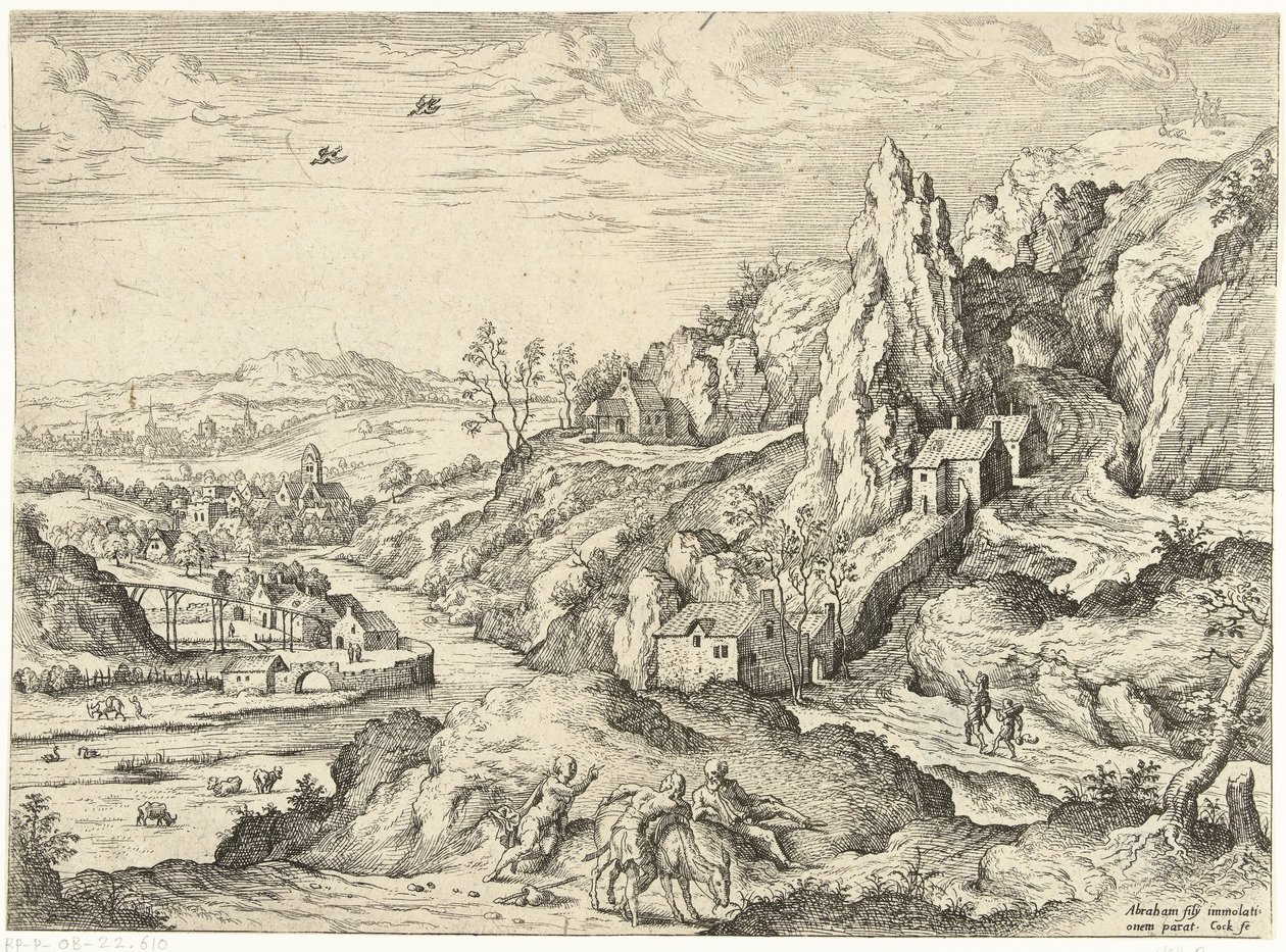 Abraham a Izák na cestě na místo oběti Krajiny s biblickými a mytologickými scénami (název série) od Hieronymus Cock