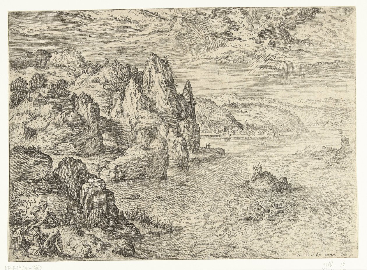 Pobřežní krajina s Hero a Leander Hrdina a Leander Krajiny s biblickými a mytologickými scénami (název série) od Hieronymus Cock