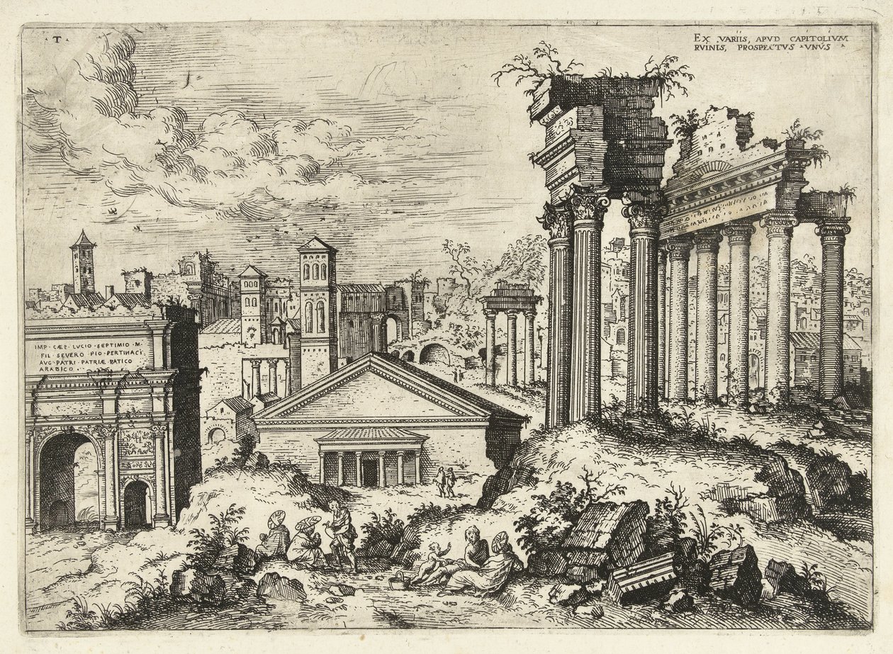 Pohled na Forum Romanum z Kapitolu Ex variis, apvd capitolvm rvinis (...) (název na objektu) Římské ruiny (název série) od Hieronymus Cock