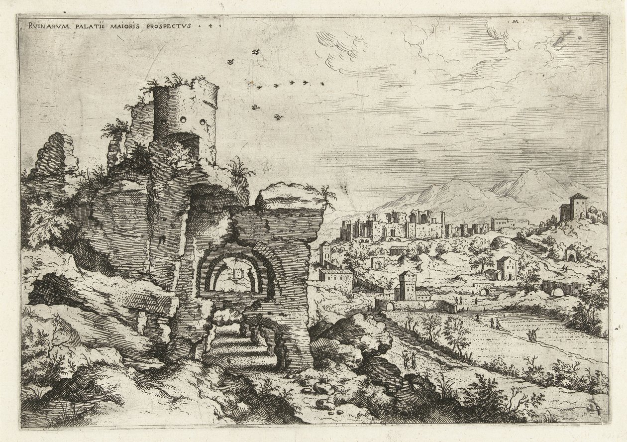 Pohled na Palatine Hill na lázně Caracalla Rvinarvm palatii maioris prospects 4 (název na objektu) Římské ruiny (název série) od Hieronymus Cock