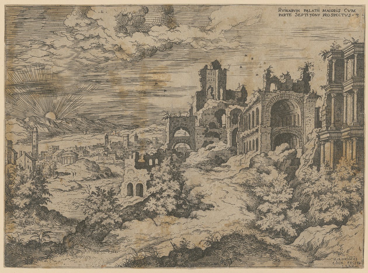 Zříceniny Palatina s panoramatickým výhledem na krajinu, list 3 ze série „Praecipua aliquot Romanae Antiquitatis Ruinarum Monimenta [...]“ od Hieronymus Cock