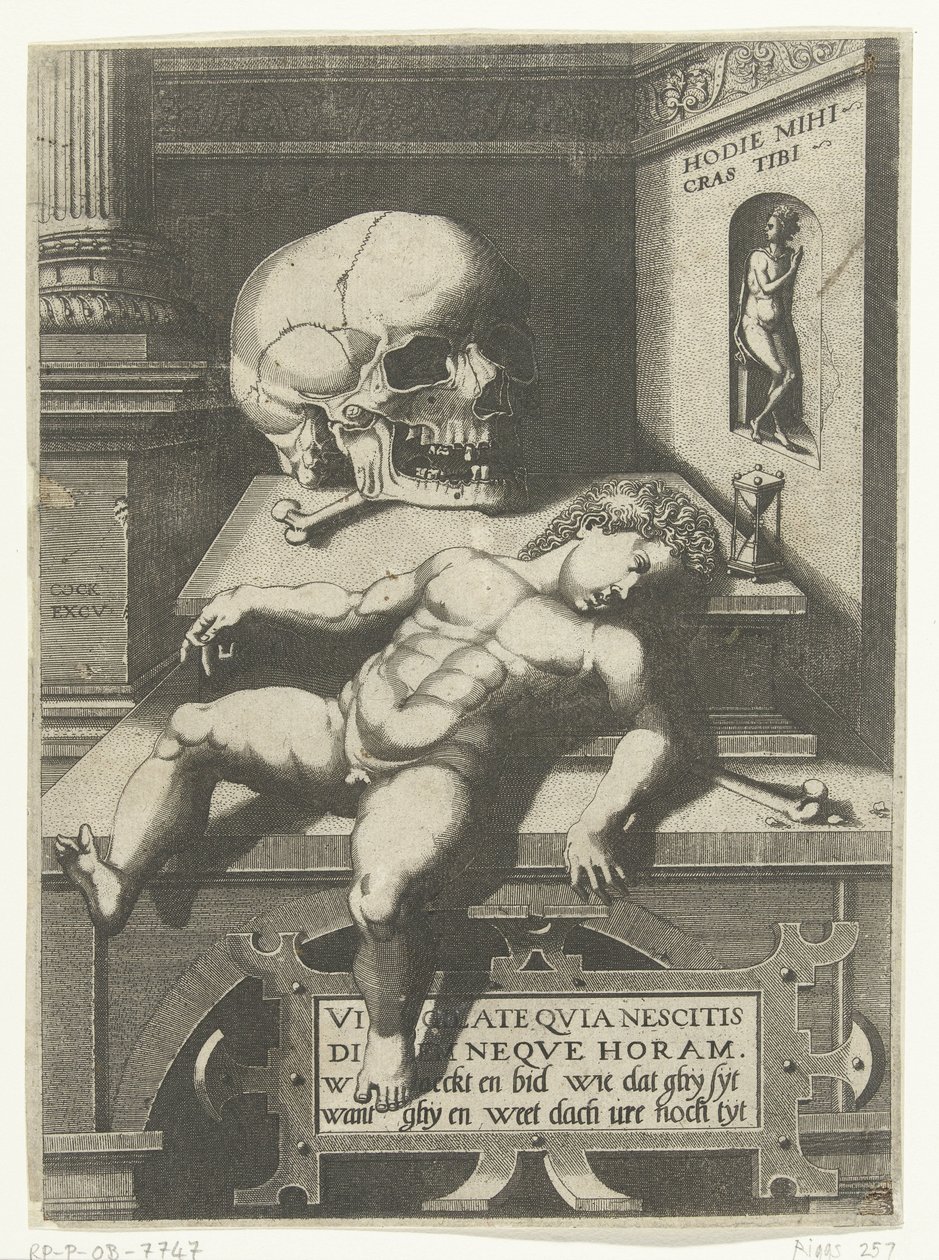 Představení Vanitas s dítětem a lebkou (Hodi mihi kras tibi / Dnes já, zítra ty) od Hieronymus Cock