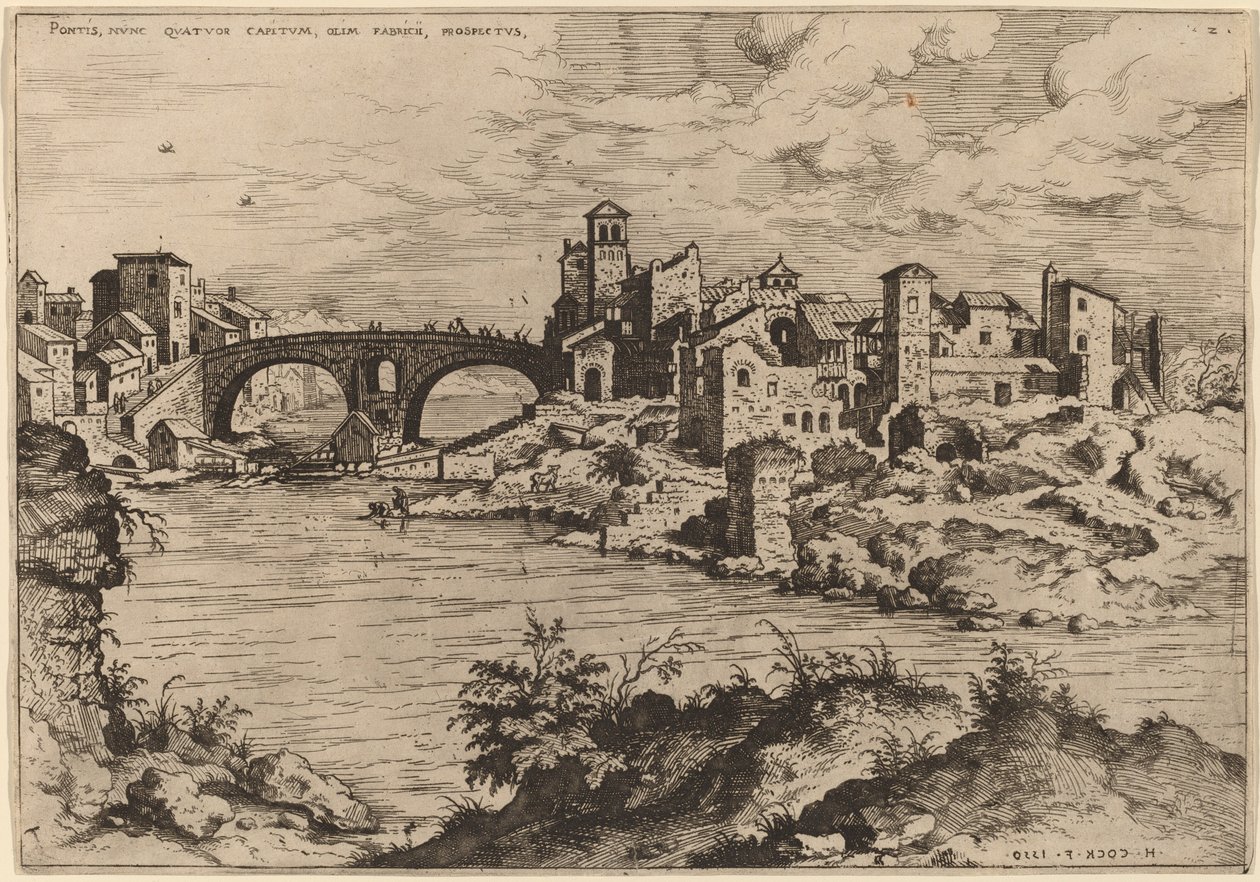 Pohled na Ponte Quattro Capi a ostrov Tibera od Hieronymus Cock