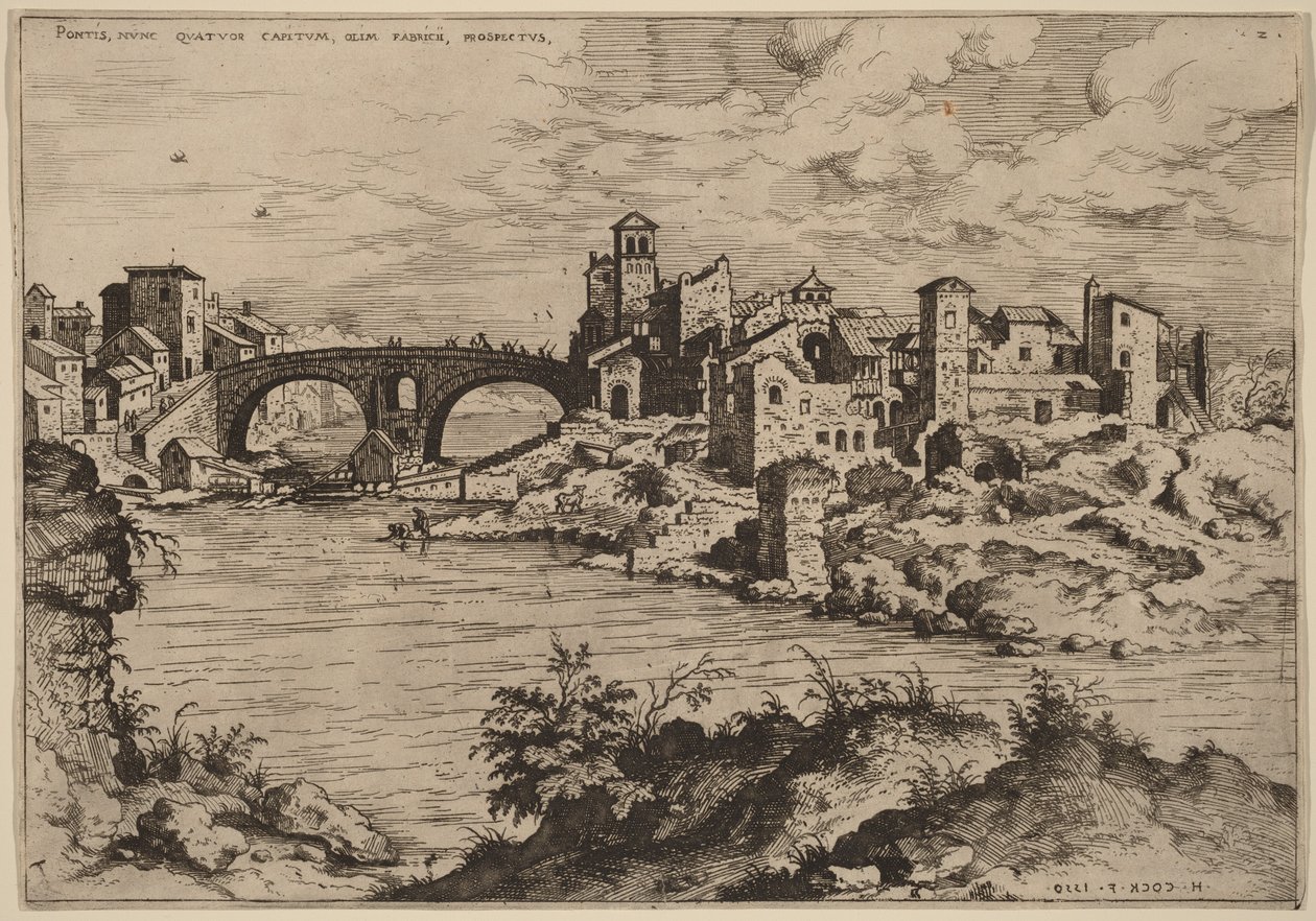 Pohled na most Ponte Quattro Capi a Tiberinský ostrov od Hieronymus Cock