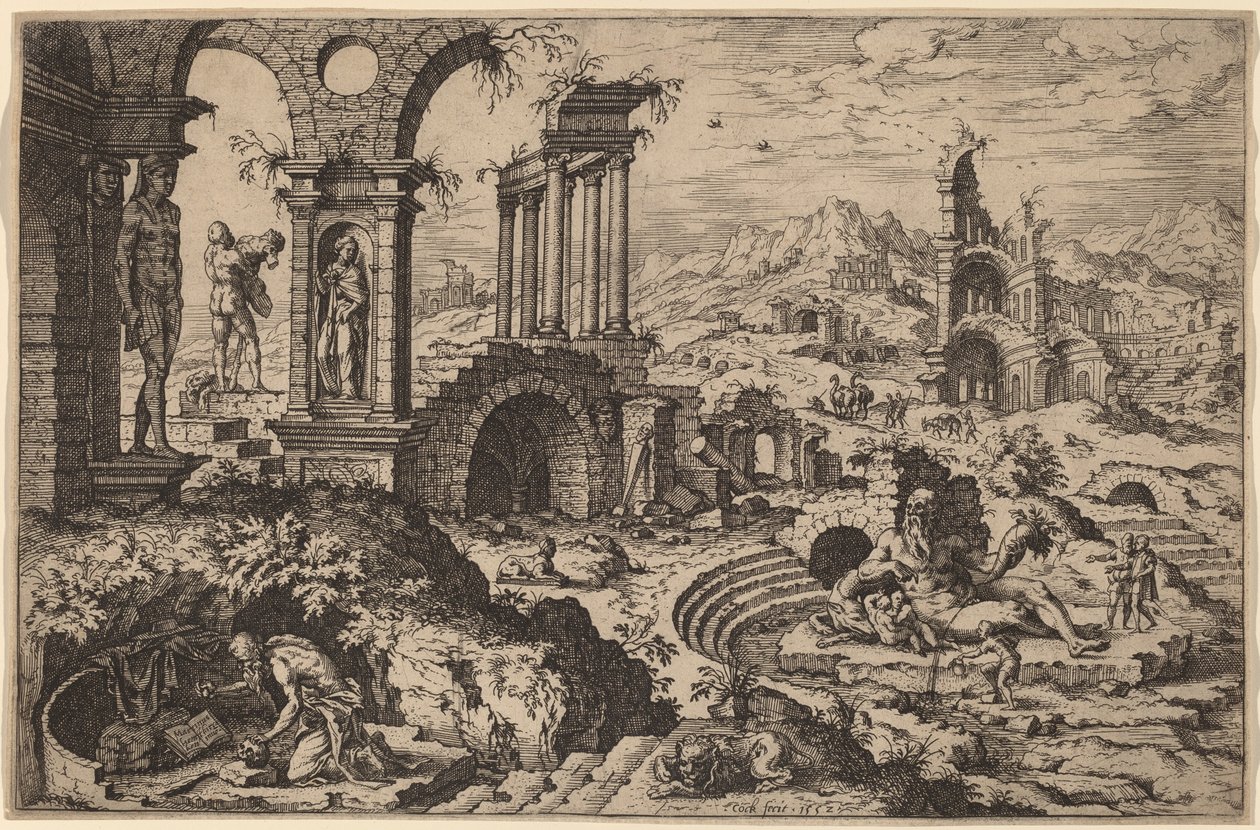 Svatý Jeroným v krajině s ruinami od Hieronymus Cock after Maerten van Heemskerck