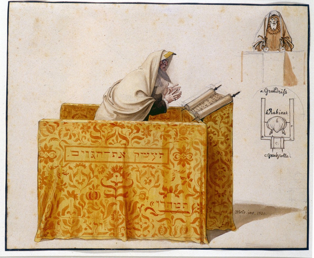 Akvarel, peříčko, 27 x 33 cm. Rabín v synagoze, kresba Hieronyma Hesse (1799 - 1850), projekt na figurku. (JM 1190) Židovské muzeum v Basileji, Švýcarsko. od Hieronymus Hess