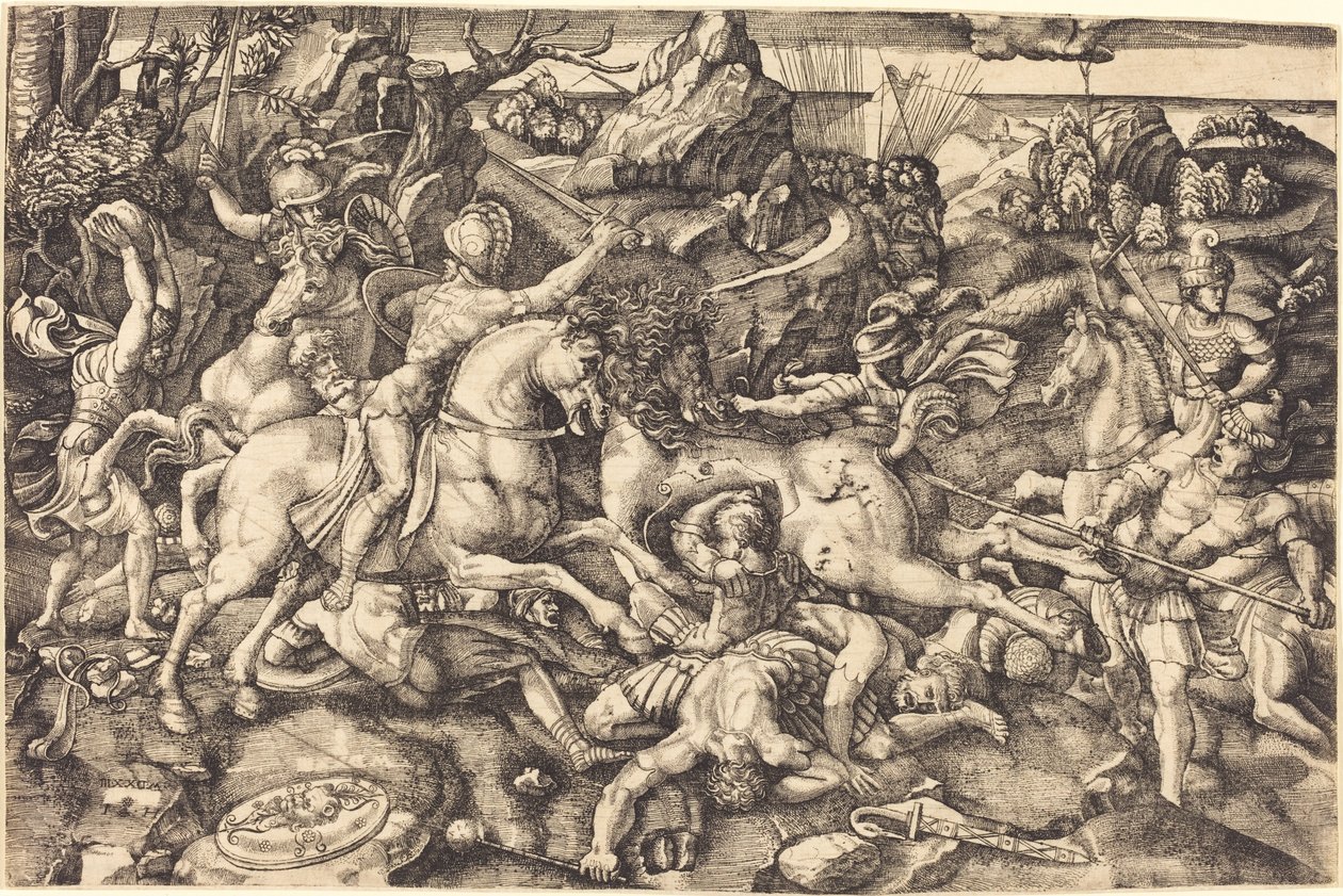 Boj mezi jezdci a pěšáky od Hieronymus Hopfer after Raphael