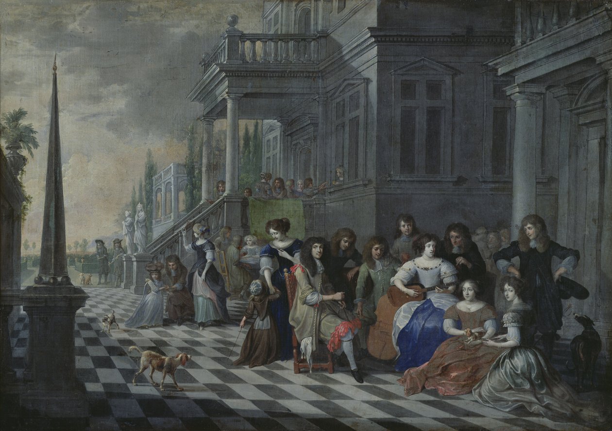 Postavy tvořící hudbu před palácem, 1672 od Hieronymus Janssens