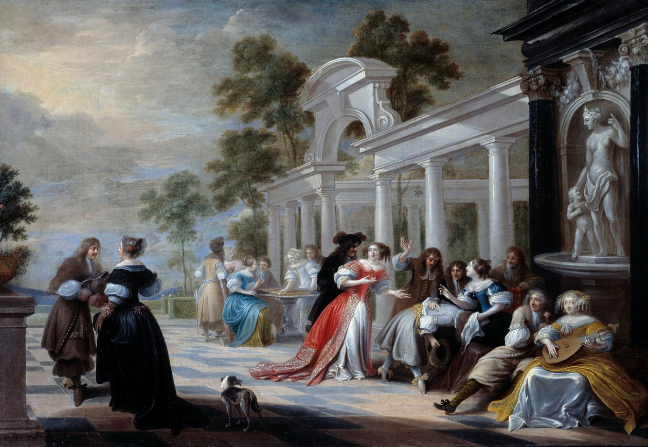 Hra Hot Hand Mladí lidé vlámské šlechty hrají v parku. Obraz Hieronyma Janssena dit le Dancer (1624-1693) 17. století Sun. 0,58x0,83 m od Hieronymus Janssens