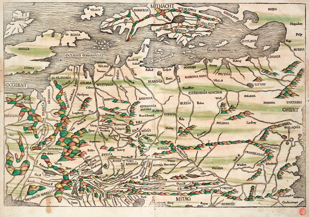 Mapa střední a severní Evropy od Hieronymus Münzer
