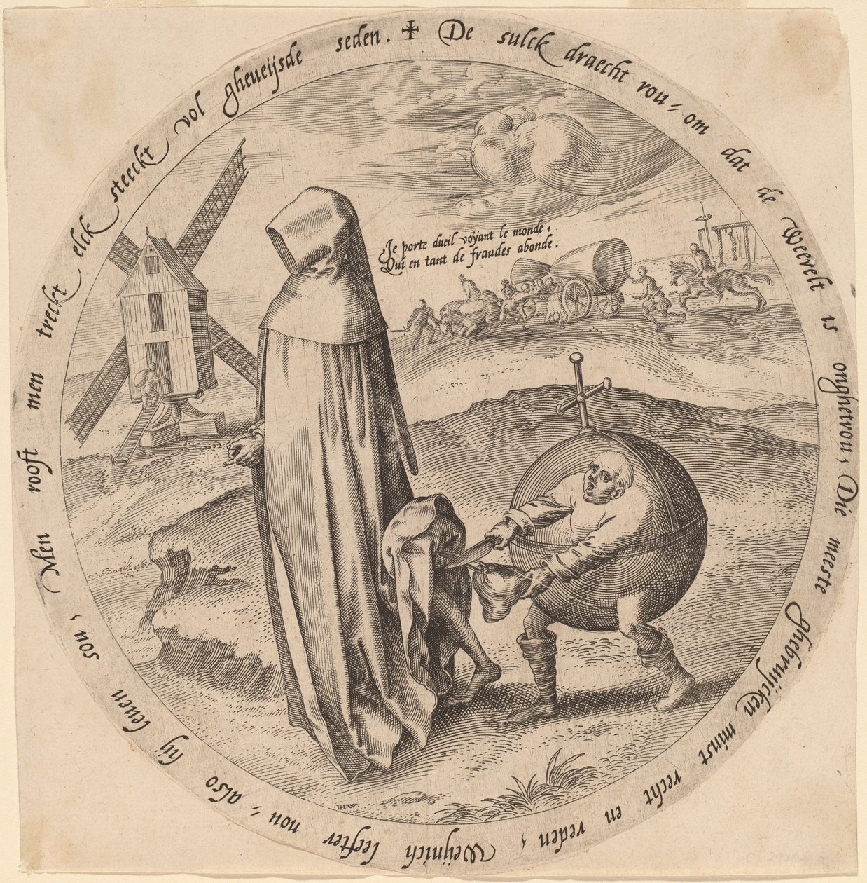 Misantrop okradený světem od Hieronymus Wierix after Pieter Bruegel the Elder
