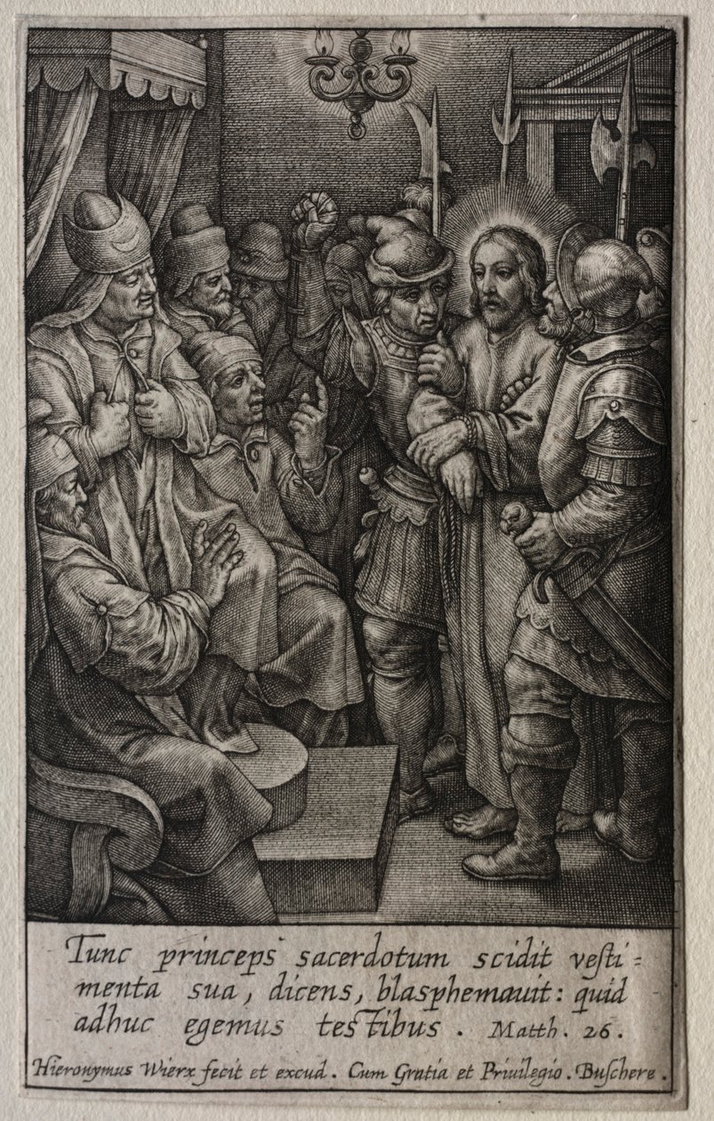 Umučení: Kristus před veleknězem. od Hieronymus or Jerome Wierix
