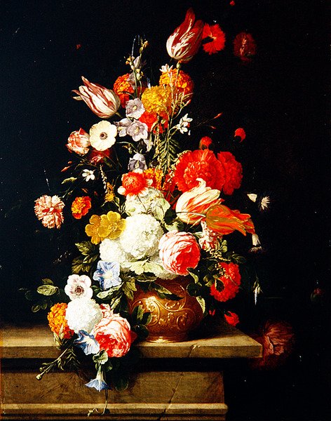 Růže, pivoňky, tulipány a hortenzie v ozdobné bronzové urně (olej na desce) od Hieronymus the Elder Galle