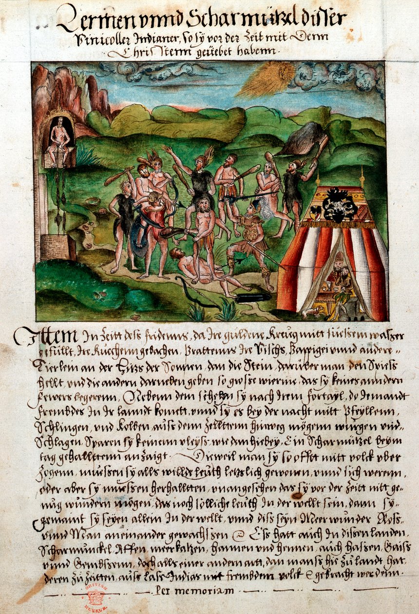 Venezuelané útočící na španělské conquistadory, 16. století od Hieronyouse Koler