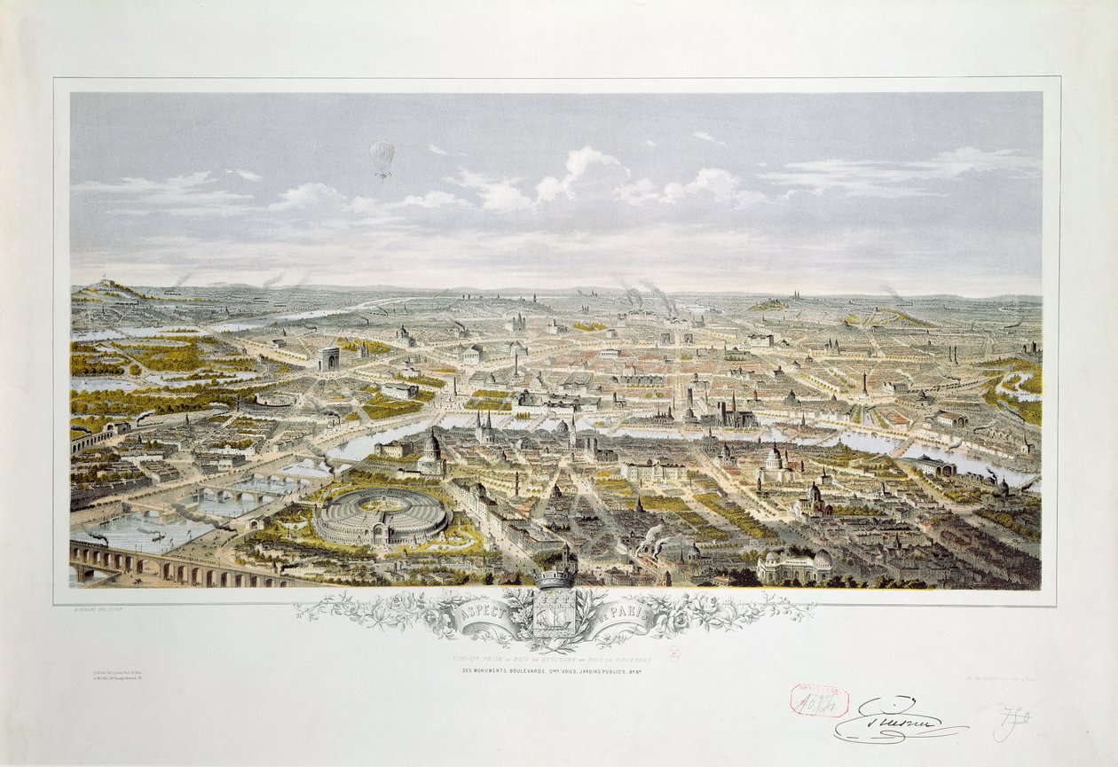 Pohled na Paříž z Bois de Boulogne, během Světové výstavy v roce 1867 (barevná rytina) od Hilaire Guesnu