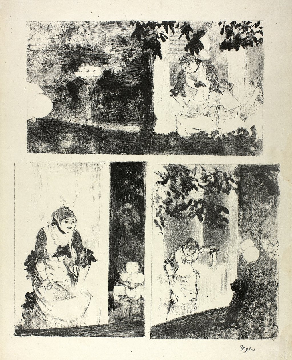 Mlle Bécat v Café des Ambassadeurs: Tři motivy od Hilaire Germain Edgar Degas