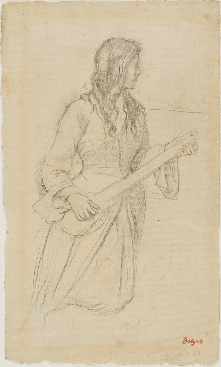 Mladá žena hrající na mandolínu, studie k portrétu slečny Fiocre v baletu "La Source" od Hilaire Germain Edgar Degas