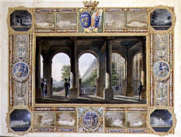 Palais Royal, Paříž, obklopený vinětami dětských sídel Karla Ferdinanda, vévody de Berry (1778-1820) a jeho manželky Marie Caroline Bourbonské (akvarel na papíře) od Hilaire Thierry