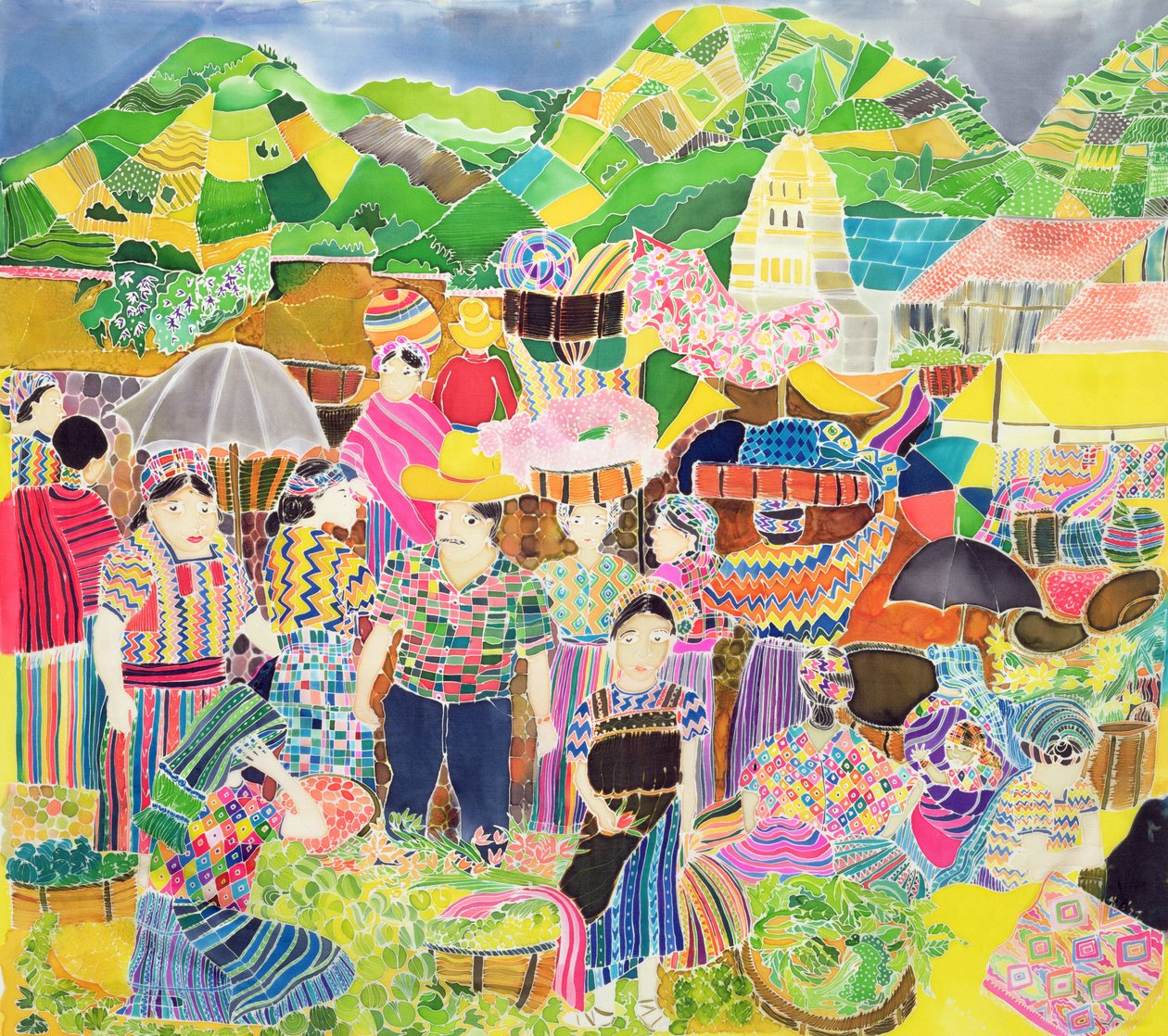 Almolonga Market (barevné inkousty na hedvábí) od Hilary Simon