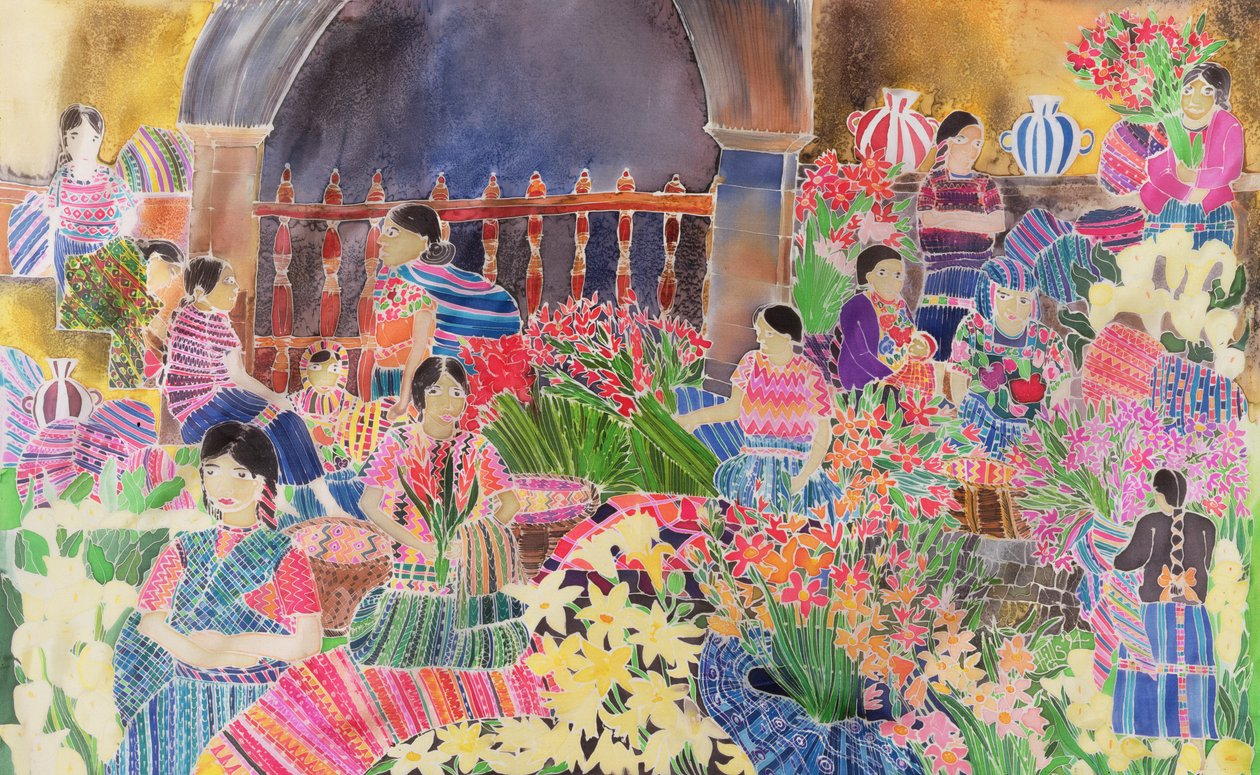 Chichicastenango, Market Day (barevné inkousty na hedvábí) od Hilary Simon