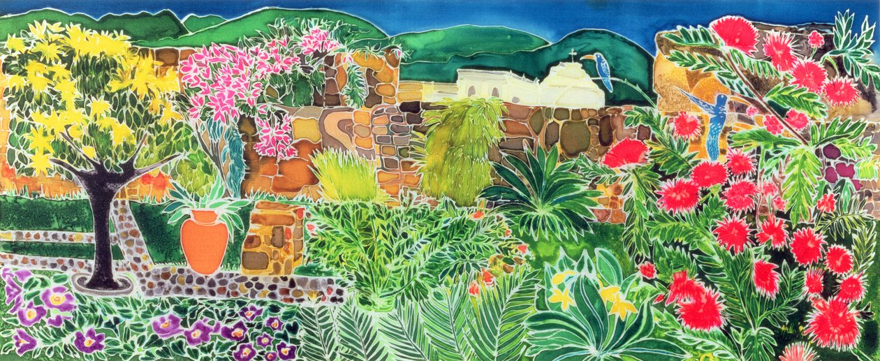 Convent Gardens, Antigua, 1993 (barevné inkousty na hedvábí) od Hilary Simon