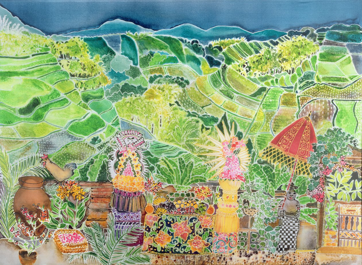 Kedewatan, Bali, 1997 (barevné inkousty na hedvábí) od Hilary Simon