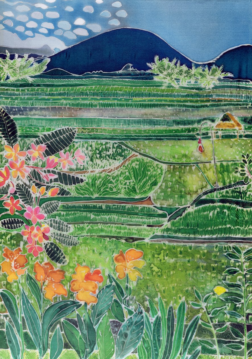 Lovina Ricefields with Lilies and Frangipani, Bali, 1996 (barevné inkousty na hedvábí) od Hilary Simon