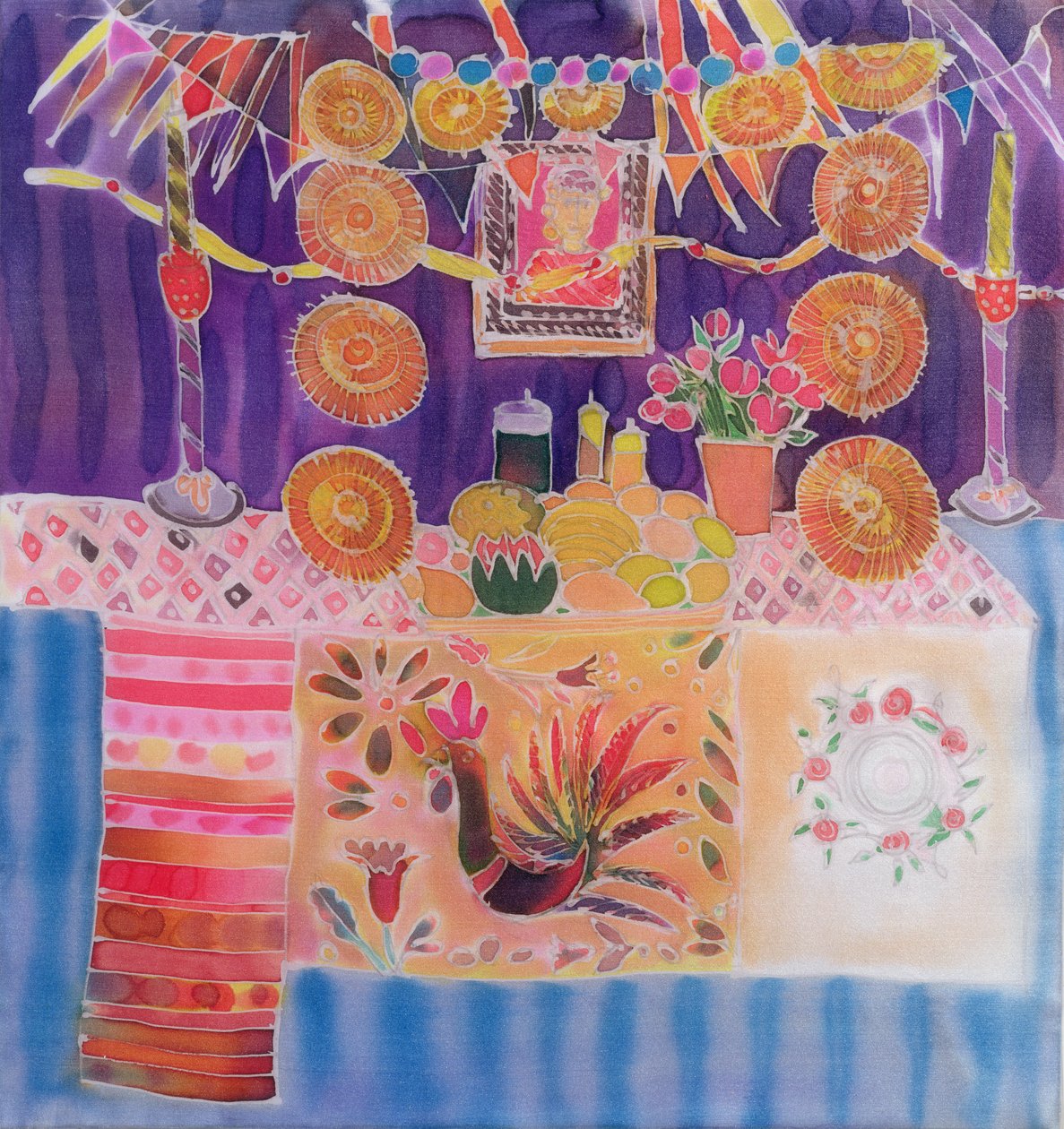 Mexická svatyně s Fridou Kahlo, 2006 (barvy na hedvábí) od Hilary Simon