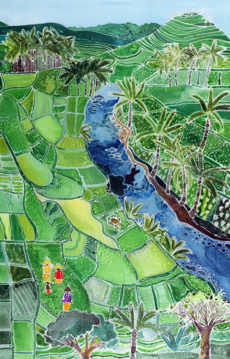 River Agung, Bali, 1996 (barevné inkousty na hedvábí) od Hilary Simon