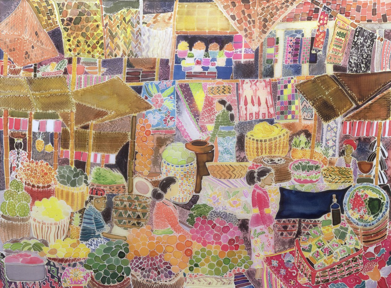 Ubud Market, Bali, 2002 (barevný inkoust na hedvábí) od Hilary Simon